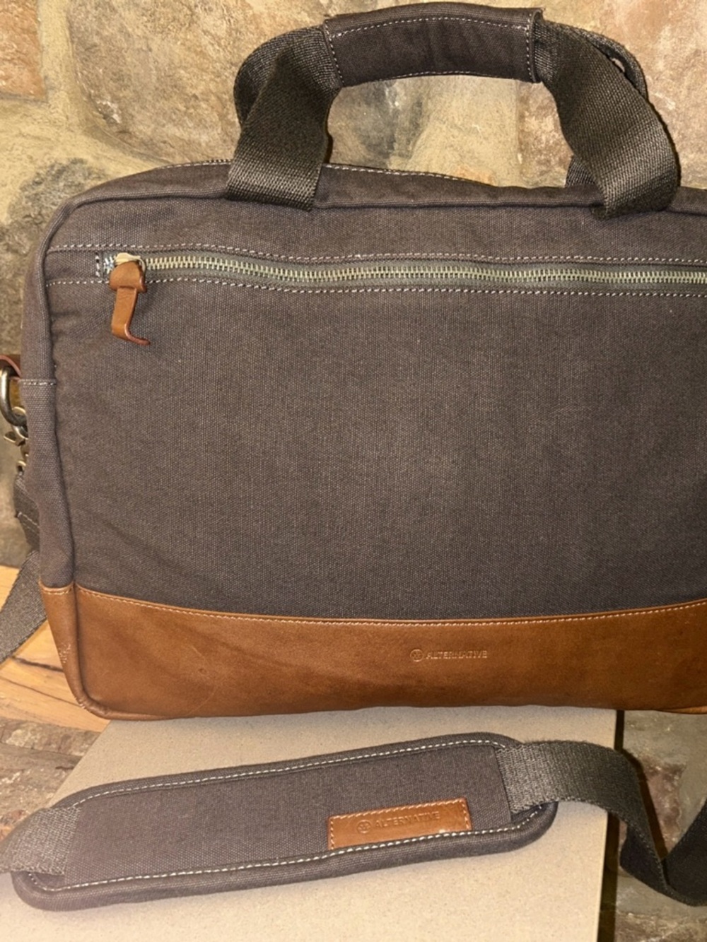 Briefcase Canvas Laptop with Leather Trim - Brown/Gray Alternative Slim